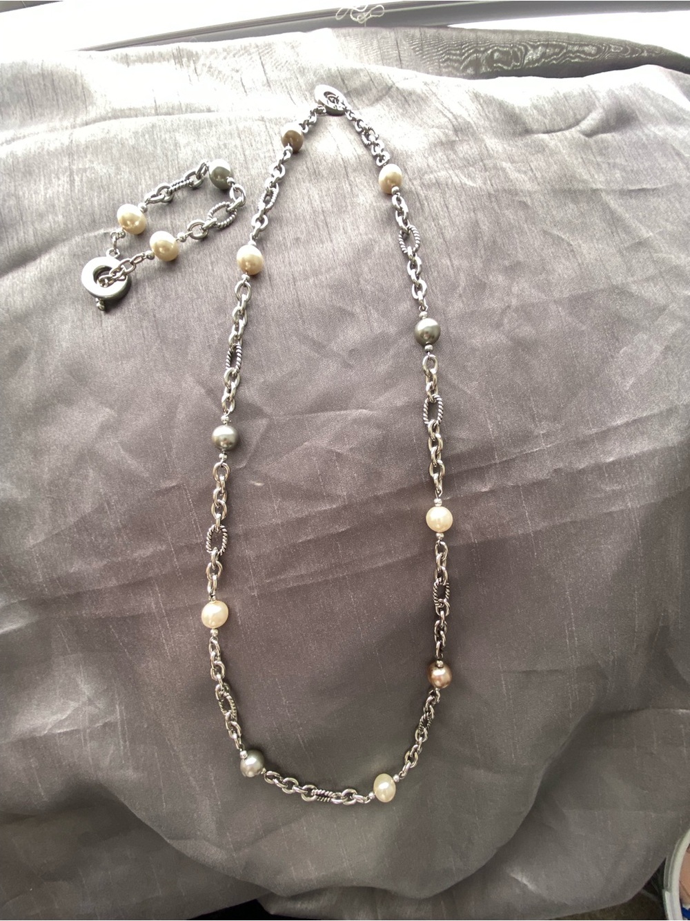 Sterling Silver Chain Necklace and Bracelet Mixed Pearl Beads - Gray and Cream
